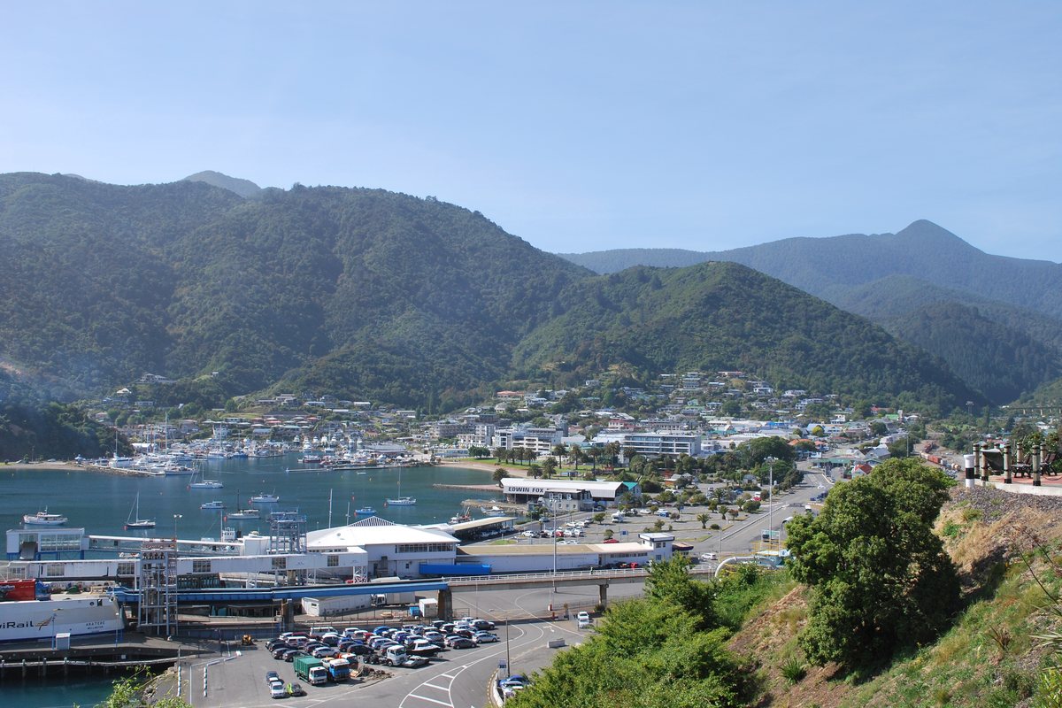 View from a hillside lookout over Picton, its marina and Queen Charlotte Sound